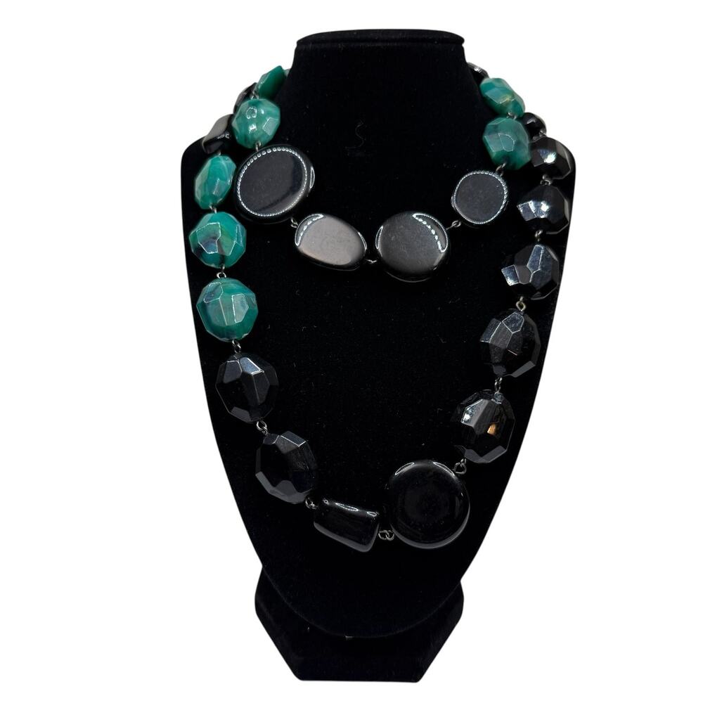 Chunky Acrylic Black & Teal Green Beaded Statement Necklace Fashion Jewelry 17"